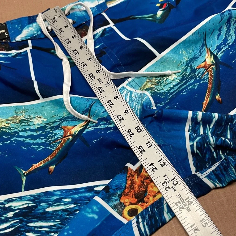 Guy Harvey AFTCO Bluewater Men's Board Shorts Size 30 Blue Marlin Photo Collage
